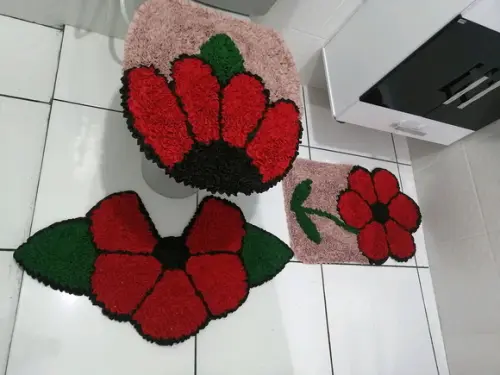 Tapetes Frufru Banheiro Flor Vermelha Antiderrapante