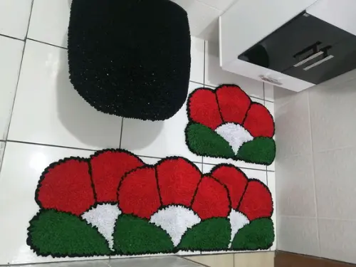 Tapetes Frufru Banheiro Flor Vermelha Antiderrapante