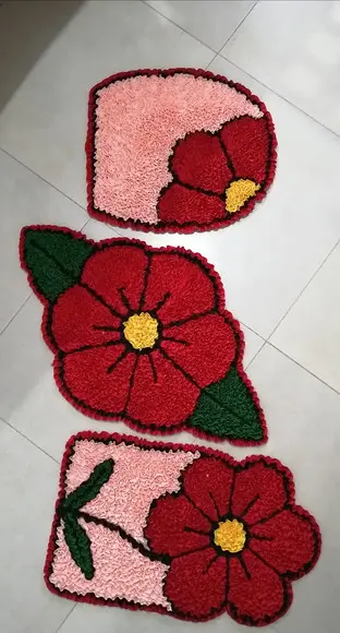 Tapetes Frufru Banheiro Flor Vermelha Antiderrapante