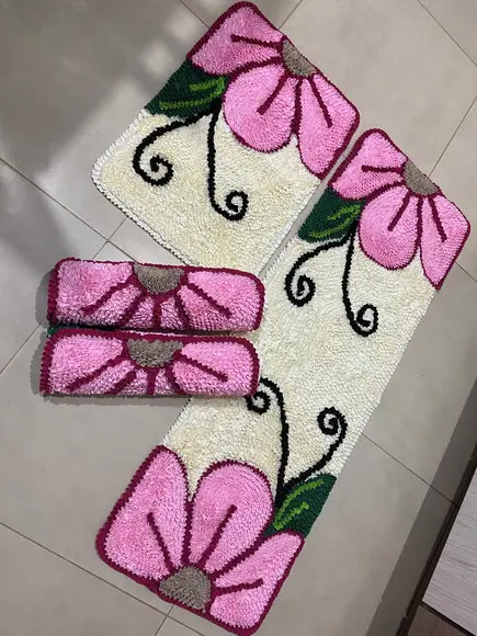 Tapetes Frufru Cozinha Flor Rosa Claro 4 Pçs Antiderrapante
