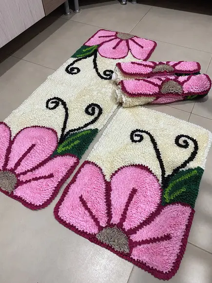 Tapetes Frufru Cozinha Flor Rosa Claro 4 Pçs Antiderrapante