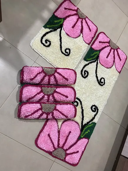 Tapetes Frufru Cozinha Flor Rosa Claro 5 Pçs Antiderrapante