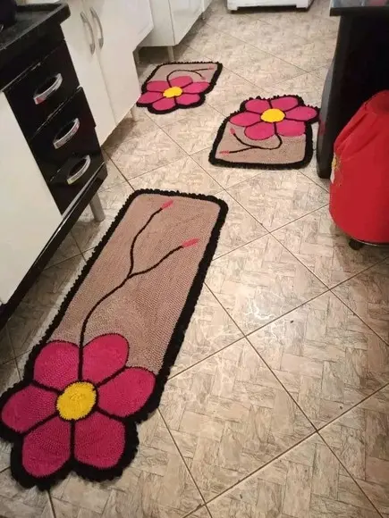 Tapetes Frufru Cozinha Flor Rosa Pink Antiderrapante