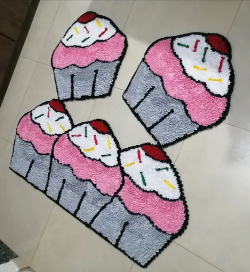 Tapetes Frufru Cupcake Rosa Claro com Cinza Antiderrapante