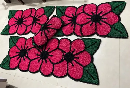 Tapetes Frufru Flor Rosa Pink 4 Peças Antiderrapante