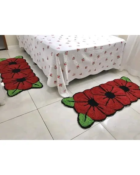 Tapetes Frufru Quarto Flor Vermelha Antiderrapante
