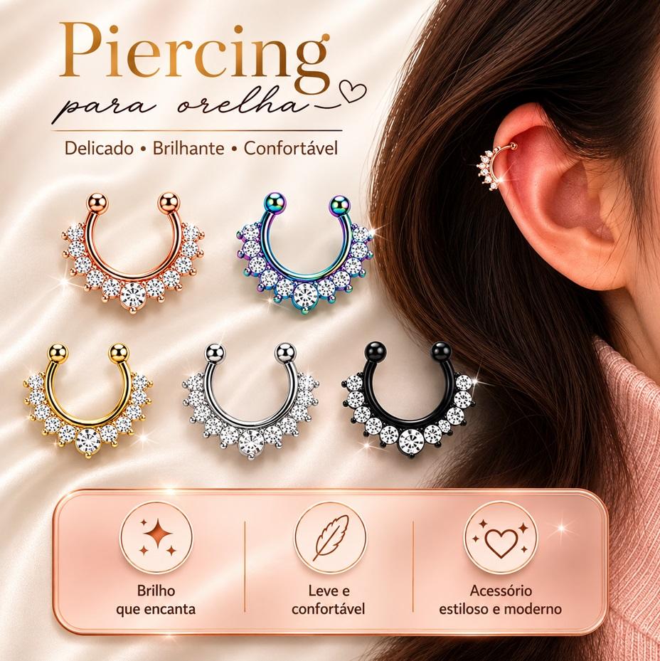 01 Piercing Auricular 1,60 Cm Fake Com Strass Orelha Falso