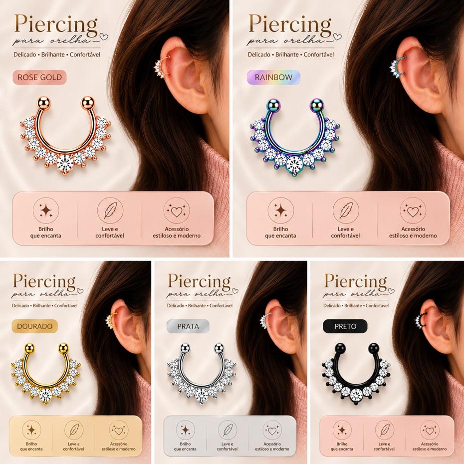 01 Piercing Auricular 1,60 Cm Fake Com Strass Orelha Falso