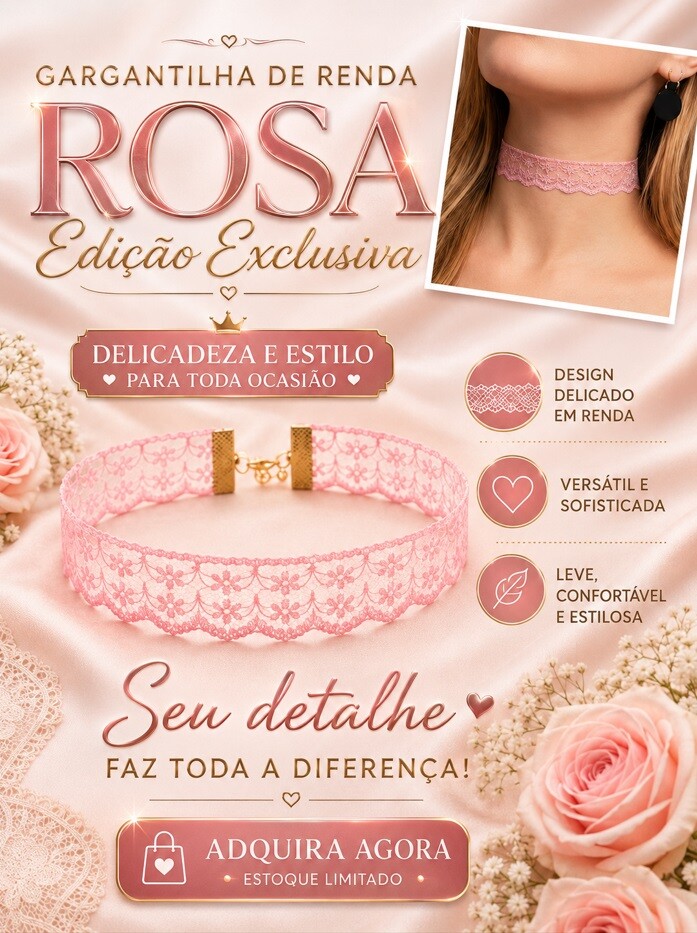 Cordão Gargantilha Chocker Renda na cor Rosa