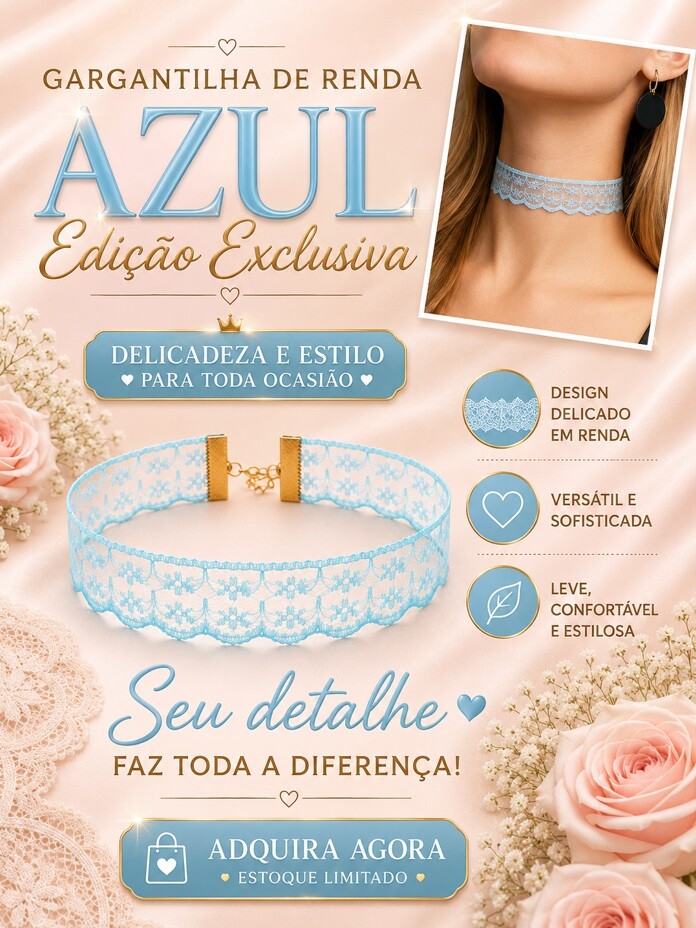 Cordão Gargantilha Chocker Renda na cor Azul Claro