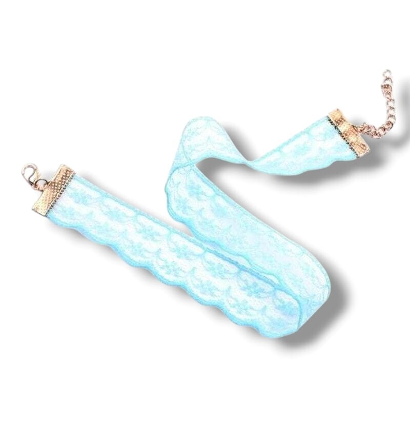 Cordão Gargantilha Chocker Renda na cor Azul Claro