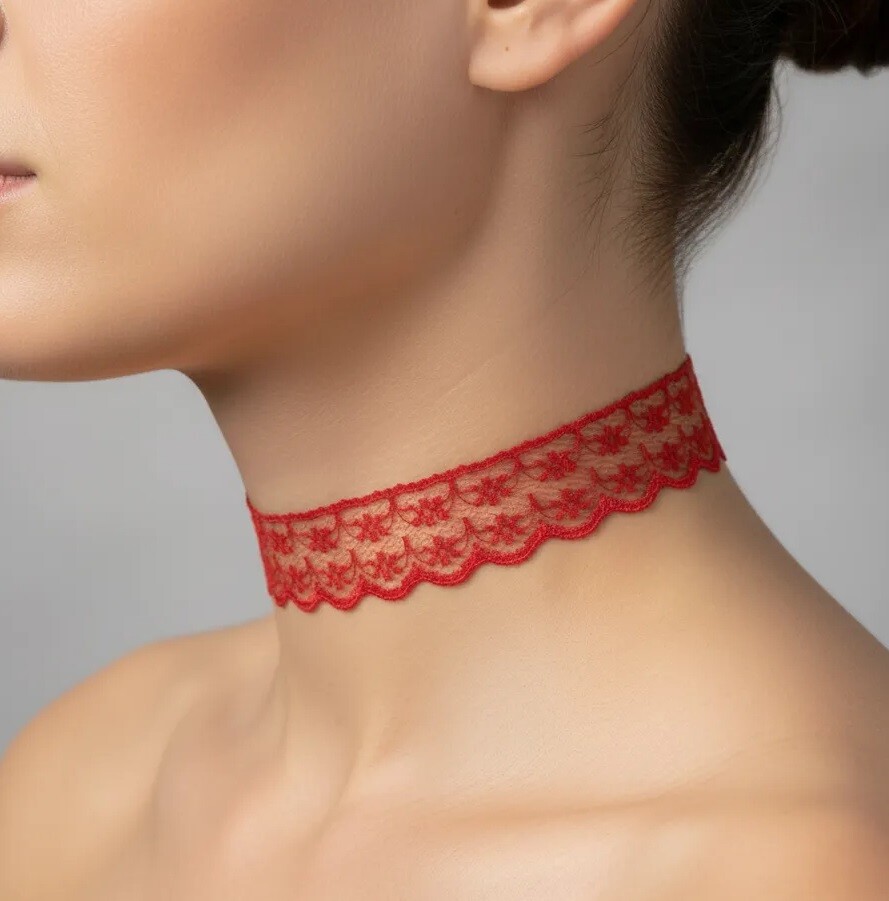 Cordão Gargantilha Chocker Renda na cor Vermelho