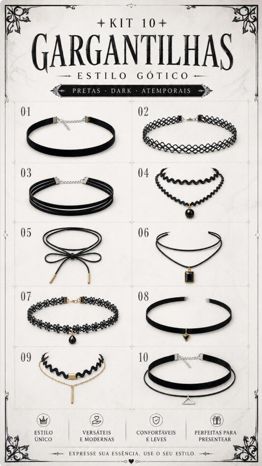 Kit 10 Choker Cordão Gargantilha Colar Bijoux Preto modelo 01