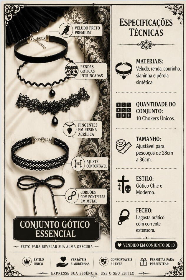 Kit 10 Choker Cordão Gargantilha Colar Bijoux Preto modelo 02