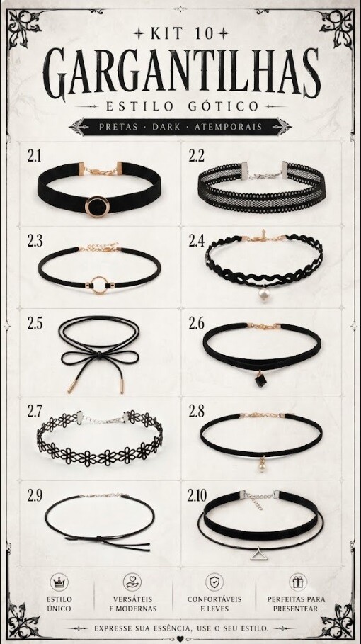 Kit 10 Choker Cordão Gargantilha Colar Bijoux Preto modelo 02