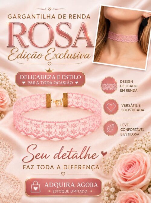 Cordão Gargantilha Chocker Renda na cor Rosa