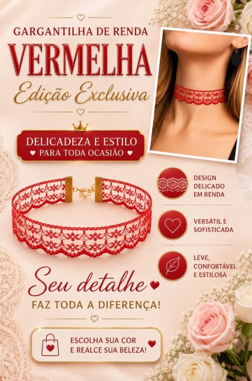 Cordão Gargantilha Chocker Renda na cor Vermelho