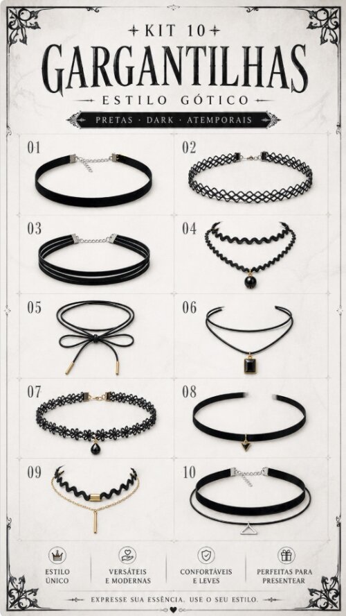 Kit 10 Choker Cordão Gargantilha Colar Bijoux Preto modelo 01