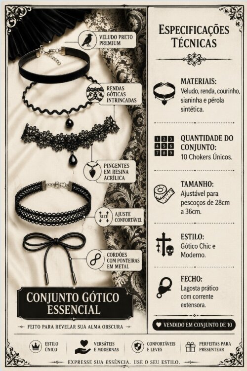 Kit 10 Choker Cordão Gargantilha Colar Bijoux Preto modelo 02