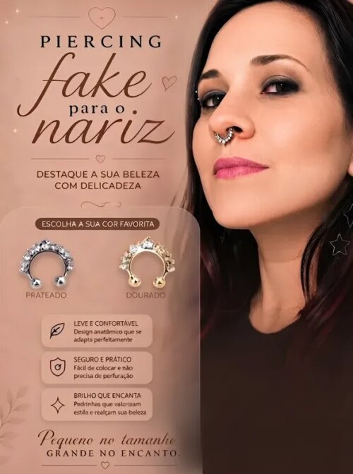 01 Piercing Fake Nariz Septo Nasal Falso Strass 1,40 Cm