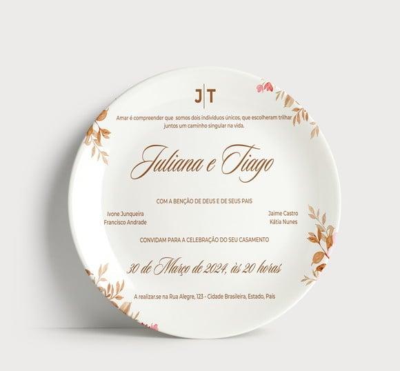 Convite Casamento Prato Porcelana Floral Romântico