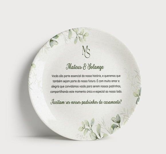Convite Padrinhos de Casamento Prato Porcelana Folhagens