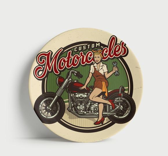 Prato Decorativo Custom Motorcycles Pin-up - Porcelana 21cm