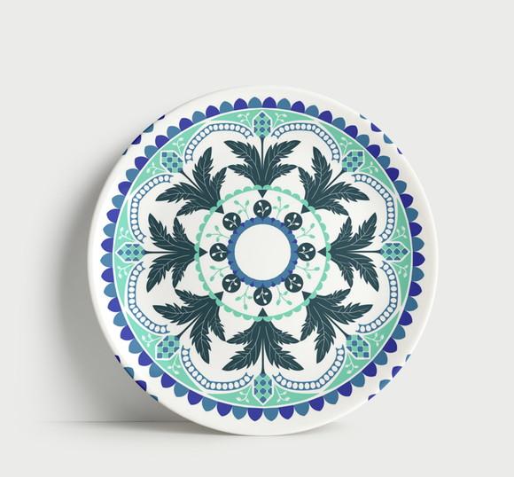 Prato Decorativo Mandala Botânica Azul e Menta 21cm Porcelan