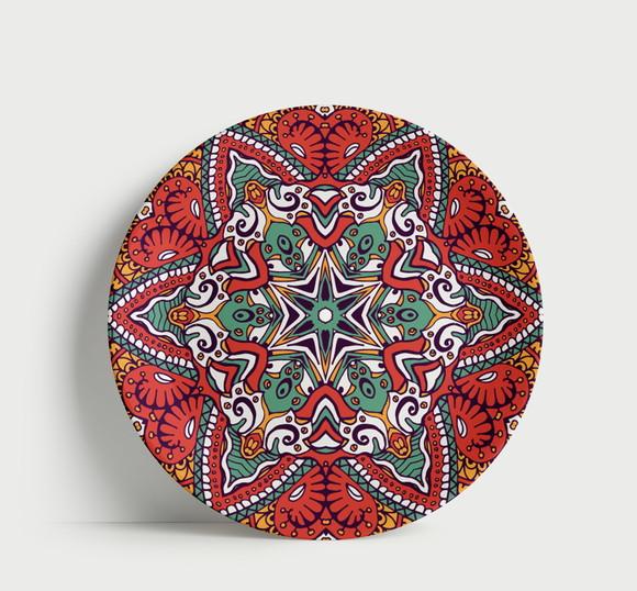 Prato Decorativo Mandala Estelar Vermelha e Verde Porcelana