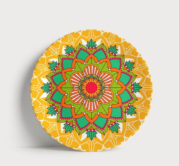 Prato Decorativo Mandala Solar Amarela e Verde 21cm Porcelana