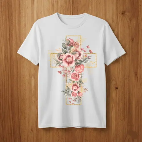 Camiseta Cruz Floral Cristã Religiosa