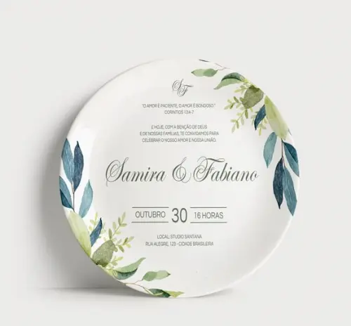 Convite Casamento em Prato de Porcelana (21cm) com Suporte