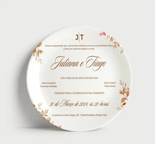 Convite Casamento Prato Porcelana Floral Romântico