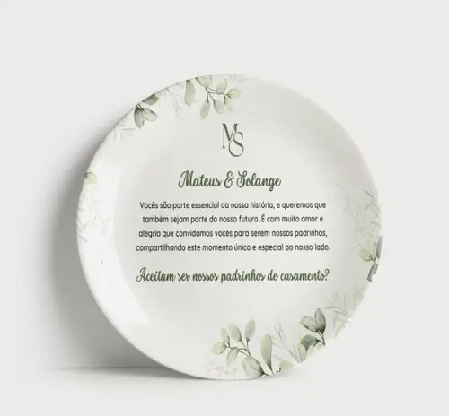 Convite Padrinhos de Casamento Prato Porcelana Folhagens