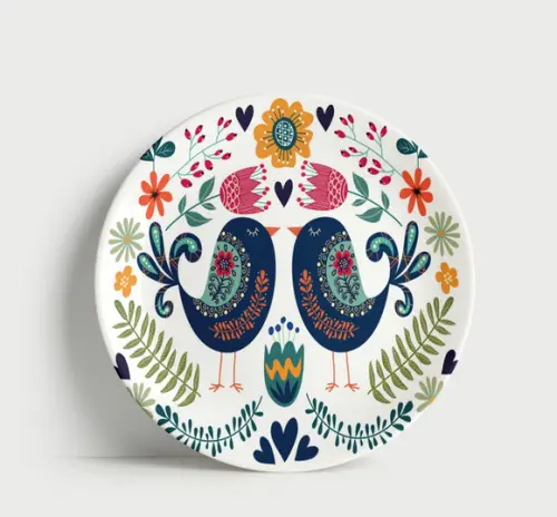 Prato Decorativo Casal de Pássaros Folk - Porcelana 21cm