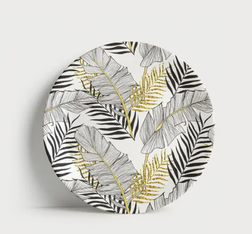 Prato Decorativo Folhagem em Preto e Branco com Detalhes