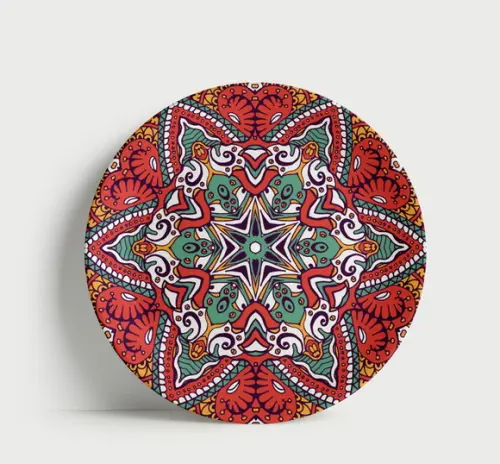 Prato Decorativo Mandala Estelar Vermelha e Verde Porcelana
