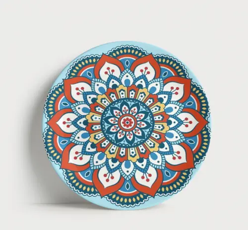 Prato Decorativo Mandala Étnica Azul e Laranja - Porcelana 2