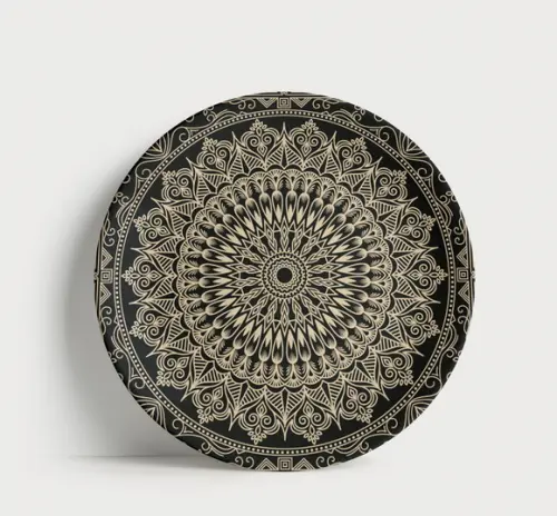 Prato Decorativo Mandala Étnica Preto e Bege 21cm Porcelana