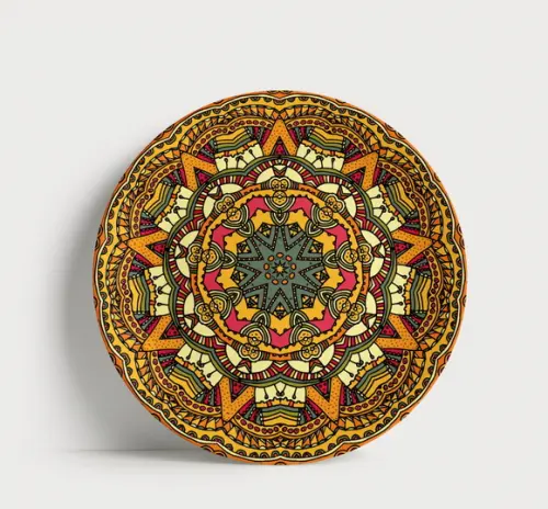 Prato Decorativo Mandala Geométrica Amarela e Terracota 21cm