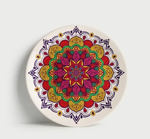 Prato Decorativo Mandala Geométrica Colorida 21cm Porcelana