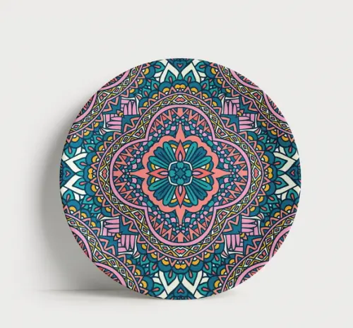 Prato Decorativo Mandala Geométrica Turquesa e Rosa 21cm Por