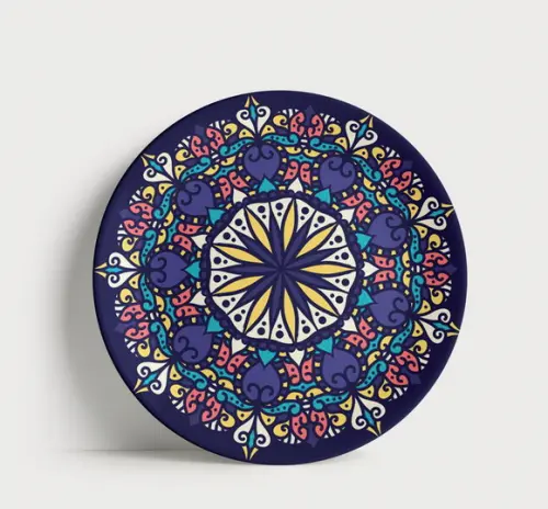 Prato Decorativo Mandala Real Marinho e Amarelo 21cm Porcela