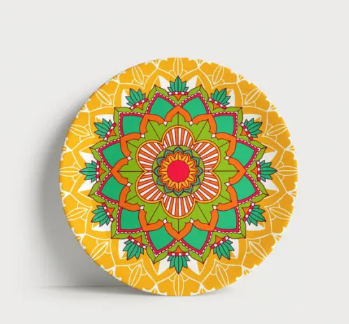 Prato Decorativo Mandala Solar Amarela e Verde 21cm Porcelana