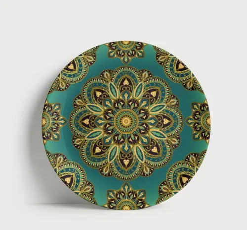 Prato Decorativo Mandala Turquesa e Dourado - Porcelana 21cm
