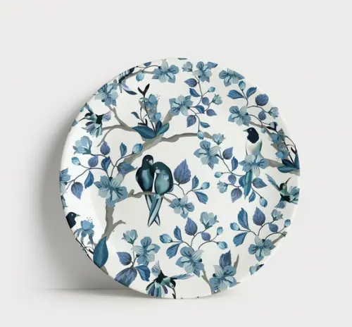 Prato Decorativo Pássaros Azuis e Natureza - Porcelana 21cm