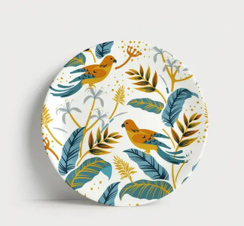Prato Decorativo Pássaros Tropicais e Folhagens