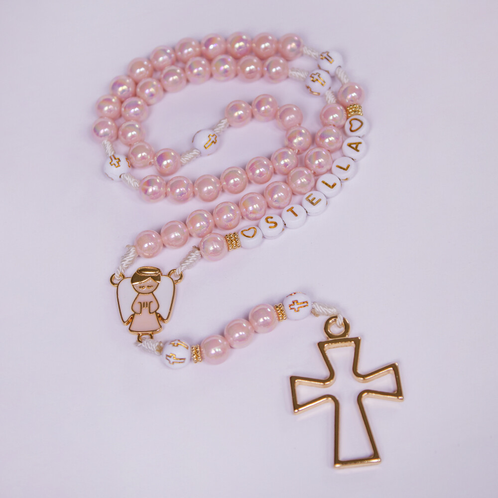 Terço Infantil Personalizado Nome - Batizado - Anjinho Rosa