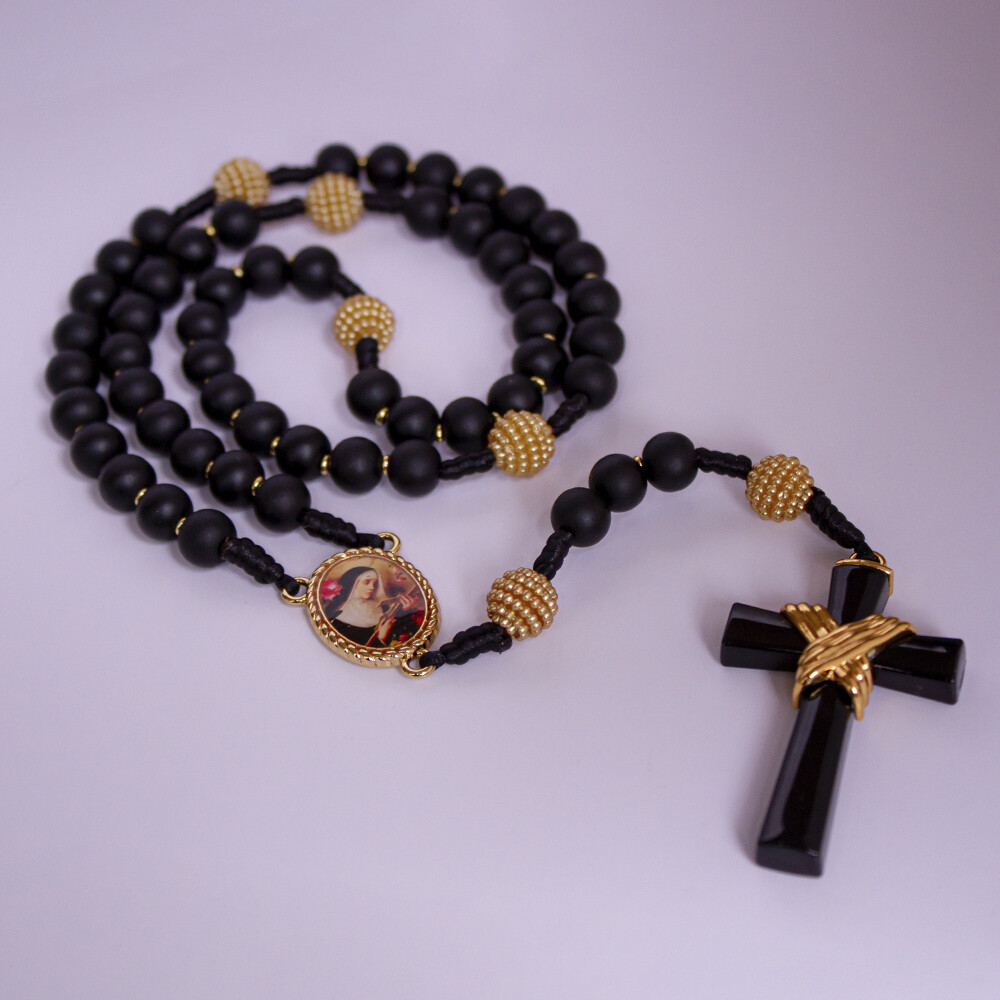 Terço Santa Rita de Cássia Preto Dourado | Presente Católico