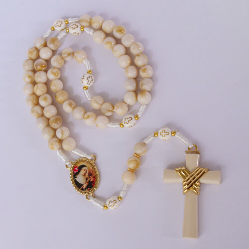 Terço Santa Rita de Cássia Creme | Presente Religioso